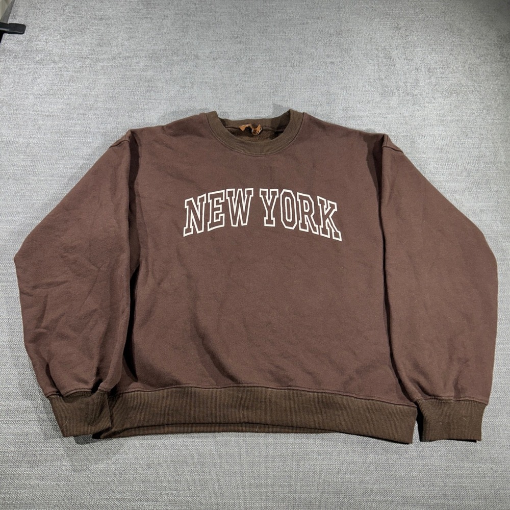 Beige Botany Sweatshirt Womens M Brown Good New York Graphic Crewneck Fleece